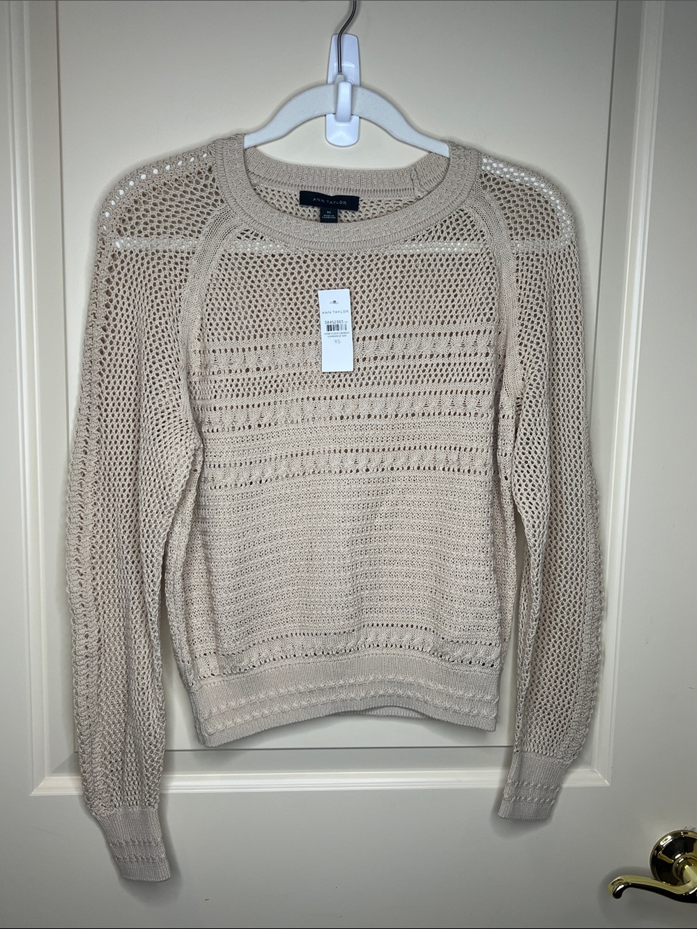 Ann Taylor Open-Knit Crewneck Sweater in Light Beige